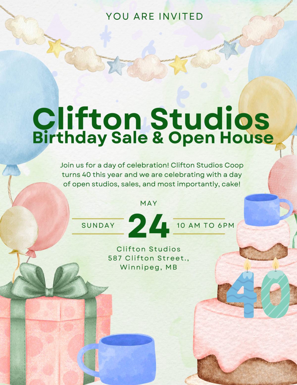 A colourful poster featuring balloons and cake outlining the details of the Clifton Studios 40th Birthday Sale.