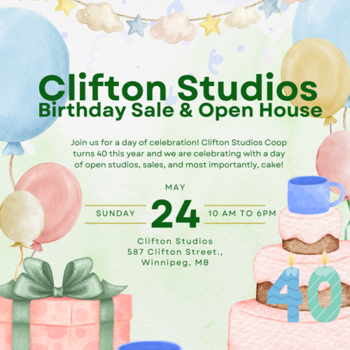 A colourful poster featuring balloons and cake outlining the details of the Clifton Studios 40th Birthday Sale.